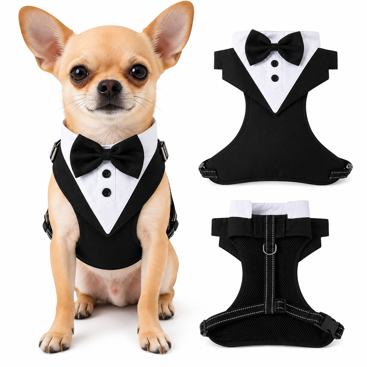 Dog tuxedo suit with bowtie from TrendyPet's Zone, stylish pet outfit for weddings and parties, shown on a small dog.