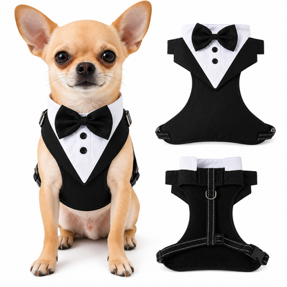 Dog tuxedo suit with bowtie from TrendyPet's Zone, stylish pet outfit for weddings and parties, shown on a small dog.