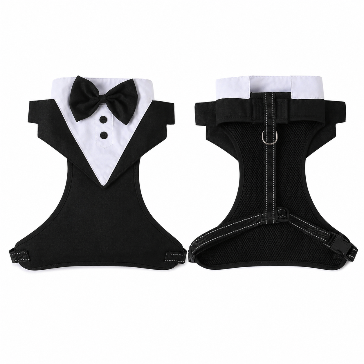 Dog tuxedo suit with bowtie from TrendyPet's Zone, stylish pet outfit for weddings and parties, shown on a small dog.