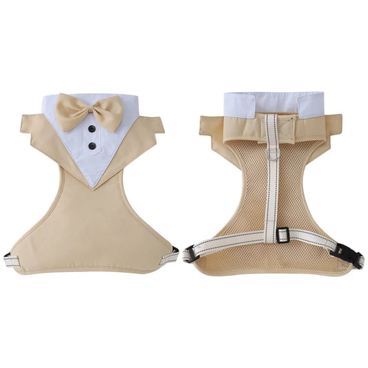 Dog tuxedo suit with bowtie from TrendyPet's Zone, stylish pet outfit for weddings and parties, shown on a small dog.