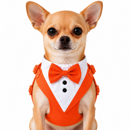 Dog tuxedo suit with bowtie from TrendyPet's Zone, stylish pet outfit for weddings and parties, shown on a small dog.