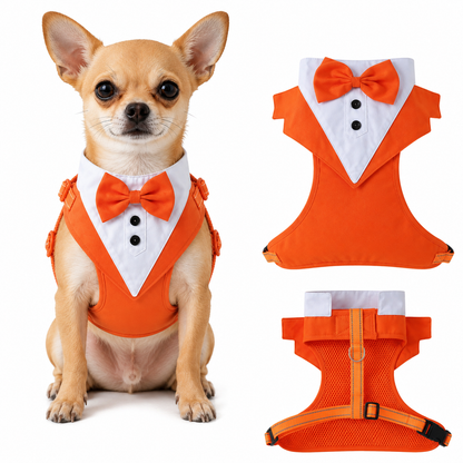 Dog tuxedo suit with bowtie from TrendyPet's Zone, stylish pet outfit for weddings and parties, shown on a small dog.