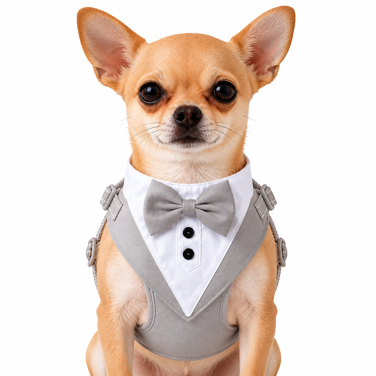 Dog tuxedo suit with bowtie from TrendyPet's Zone, stylish pet outfit for weddings and parties, shown on a small dog.