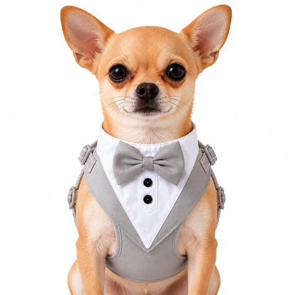 Dog tuxedo suit with bowtie from TrendyPet's Zone, stylish pet outfit for weddings and parties, shown on a small dog.