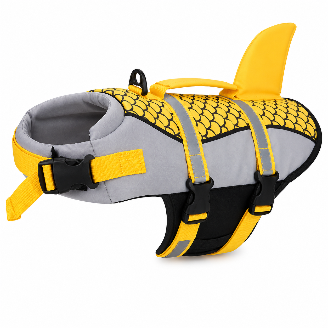 Dog wearing Pet Life Jacket Vest in shark swimwear design, available in XS to XXL sizes, by TrendyPet's Zone.