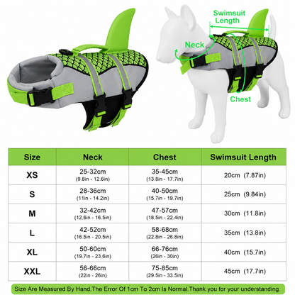 Dog wearing Pet Life Jacket Vest in shark swimwear design, available in XS to XXL sizes, by TrendyPet's Zone.