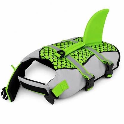 Dog wearing Pet Life Jacket Vest in shark swimwear design, available in XS to XXL sizes, by TrendyPet's Zone.