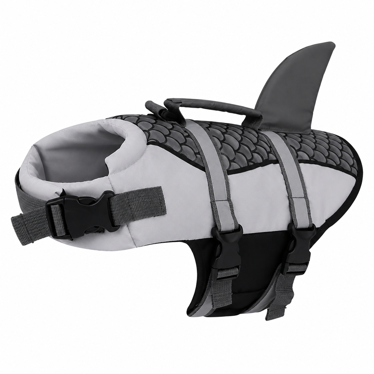 Dog wearing Pet Life Jacket Vest in shark swimwear design, available in XS to XXL sizes, by TrendyPet's Zone.
