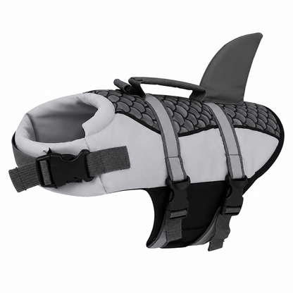 Dog wearing Pet Life Jacket Vest in shark swimwear design, available in XS to XXL sizes, by TrendyPet's Zone.