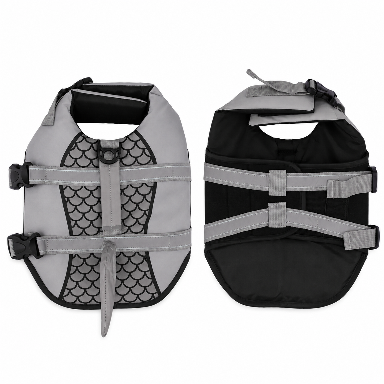 Dog wearing Pet Life Jacket Vest in shark swimwear design, available in XS to XXL sizes, by TrendyPet's Zone.