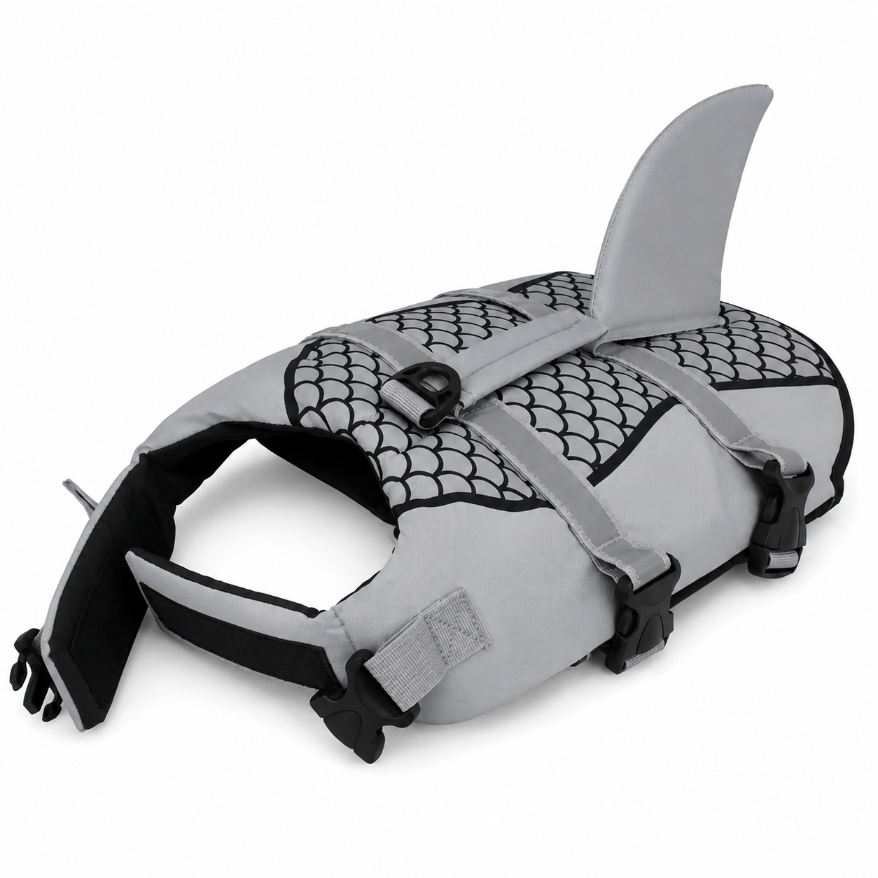 Dog wearing Pet Life Jacket Vest in shark swimwear design, available in XS to XXL sizes, by TrendyPet's Zone.