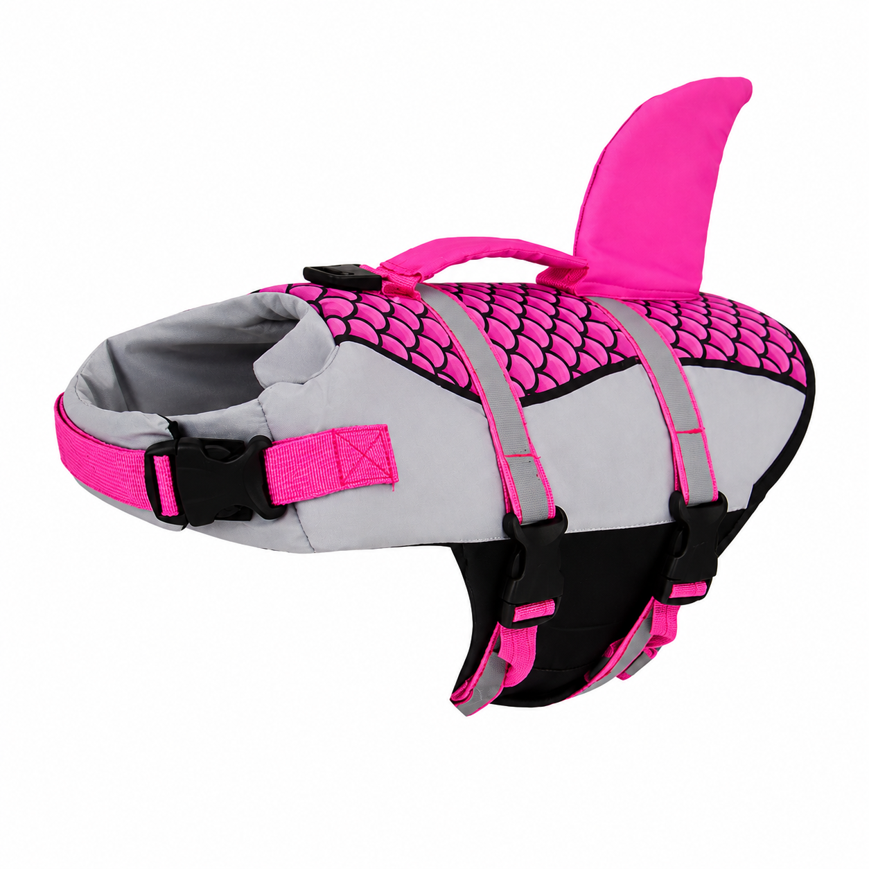 Dog wearing Pet Life Jacket Vest in shark swimwear design, available in XS to XXL sizes, by TrendyPet's Zone.