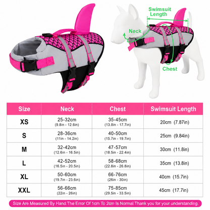Dog wearing Pet Life Jacket Vest in shark swimwear design, available in XS to XXL sizes, by TrendyPet's Zone.