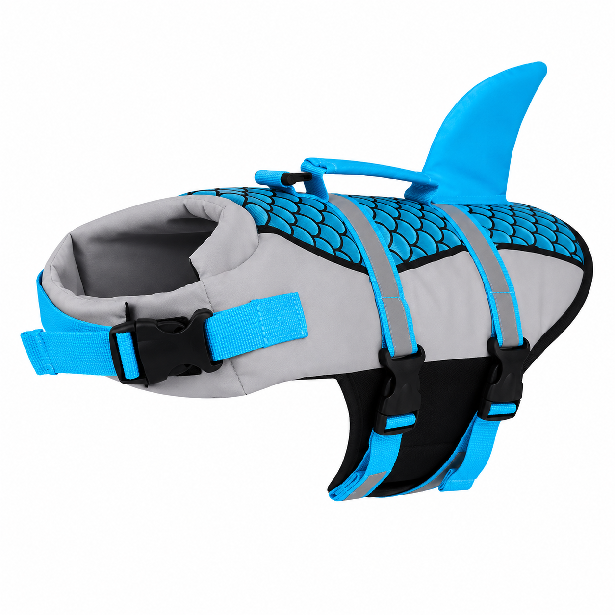 Dog wearing Pet Life Jacket Vest in shark swimwear design, available in XS to XXL sizes, by TrendyPet's Zone.