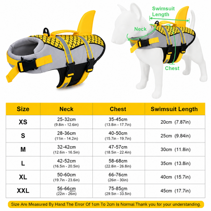 Dog wearing Pet Life Jacket Vest in shark swimwear design, available in XS to XXL sizes, by TrendyPet's Zone.