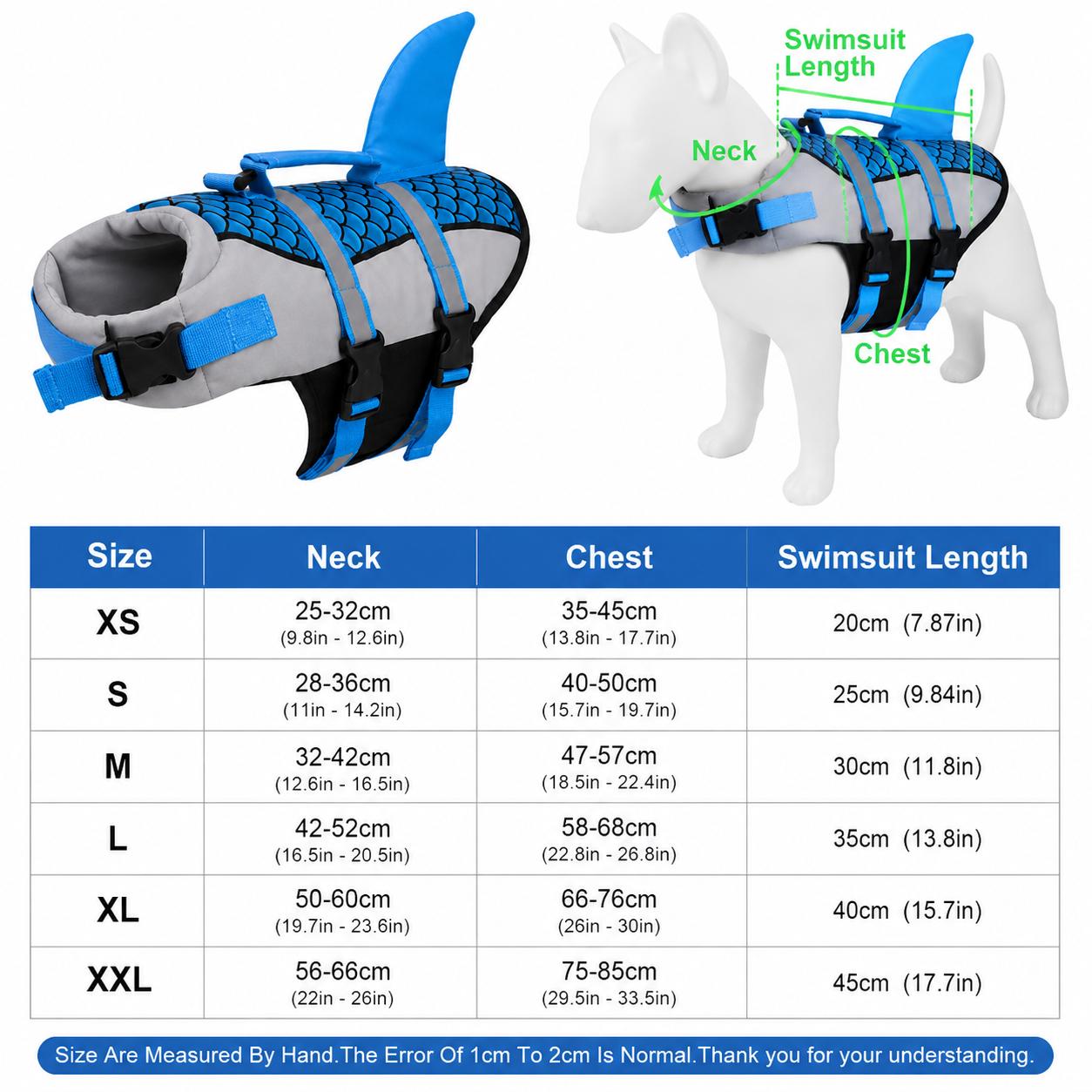 Dog wearing Pet Life Jacket Vest in shark swimwear design, available in XS to XXL sizes, by TrendyPet's Zone.