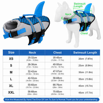 Dog wearing Pet Life Jacket Vest in shark swimwear design, available in XS to XXL sizes, by TrendyPet's Zone.
