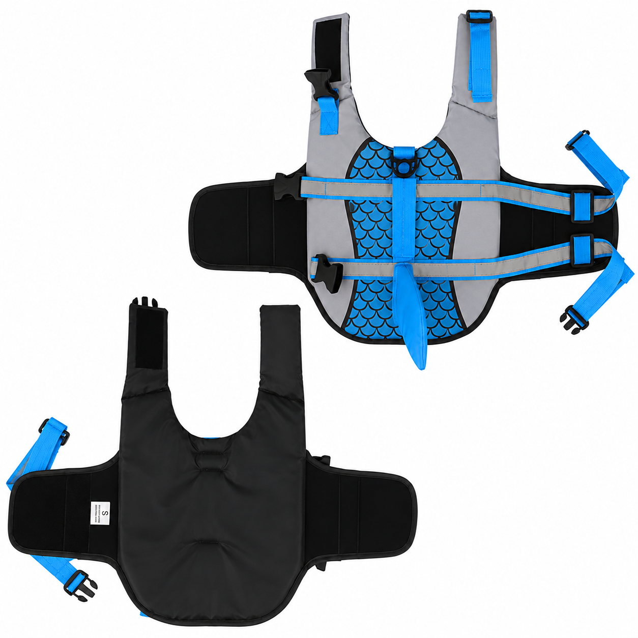 Dog wearing Pet Life Jacket Vest in shark swimwear design, available in XS to XXL sizes, by TrendyPet's Zone.