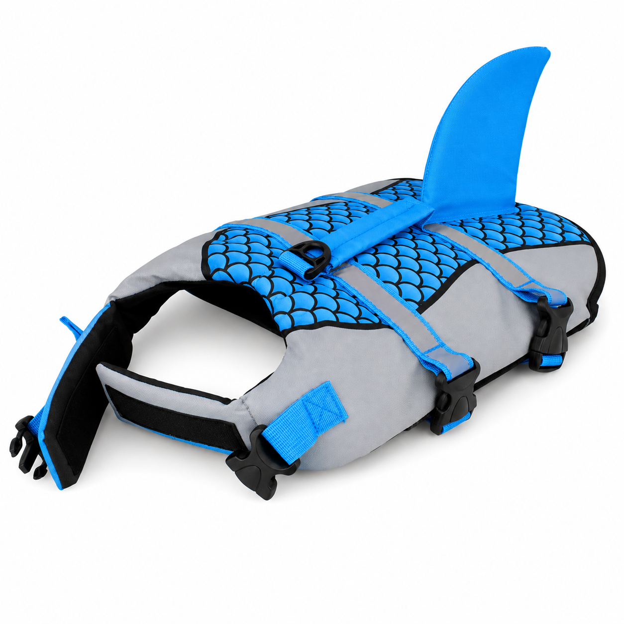 Dog wearing Pet Life Jacket Vest in shark swimwear design, available in XS to XXL sizes, by TrendyPet's Zone.