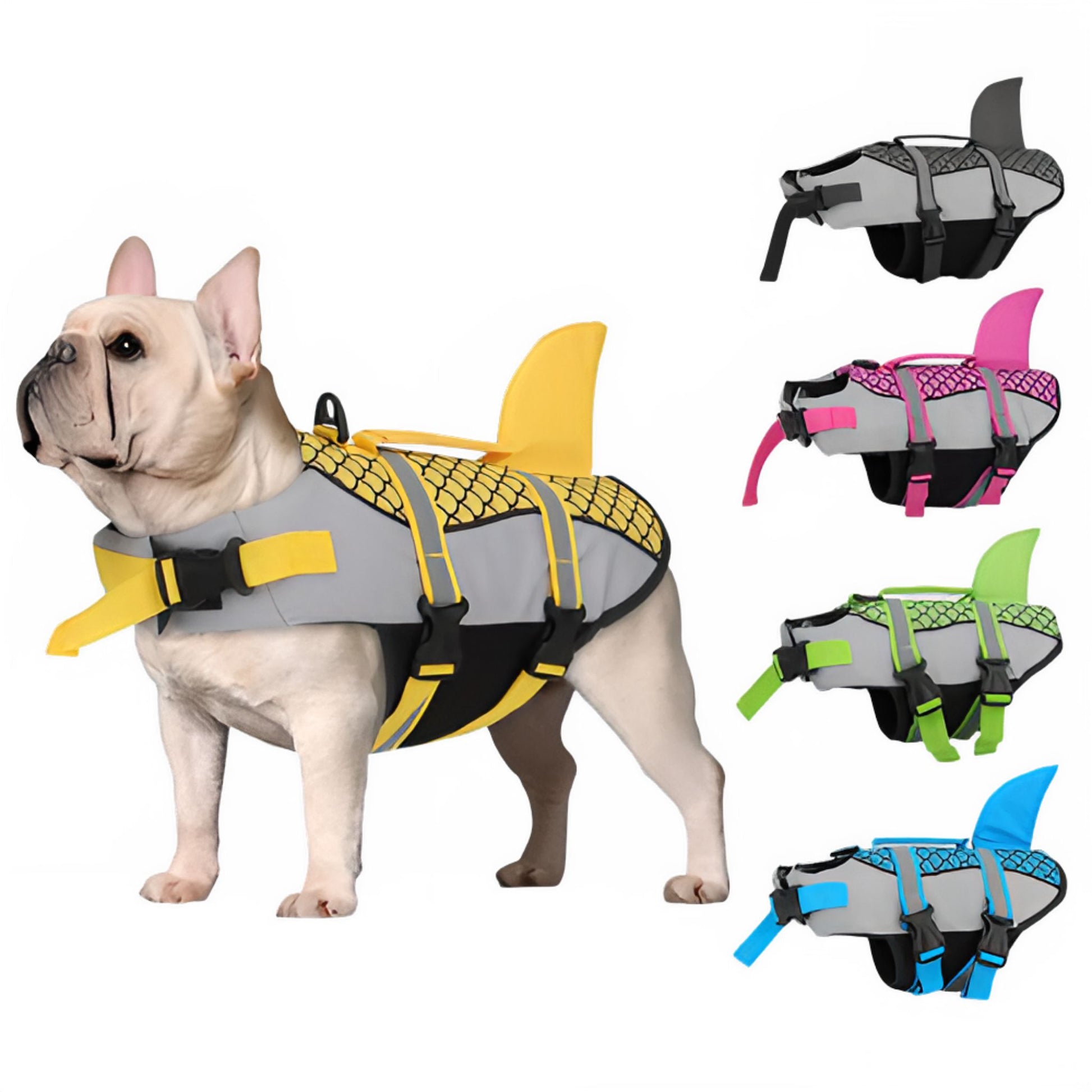 Dog wearing Pet Life Jacket Vest in shark swimwear design, available in XS to XXL sizes, by TrendyPet's Zone.