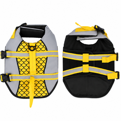 Dog wearing Pet Life Jacket Vest in shark swimwear design, available in XS to XXL sizes, by TrendyPet's Zone.