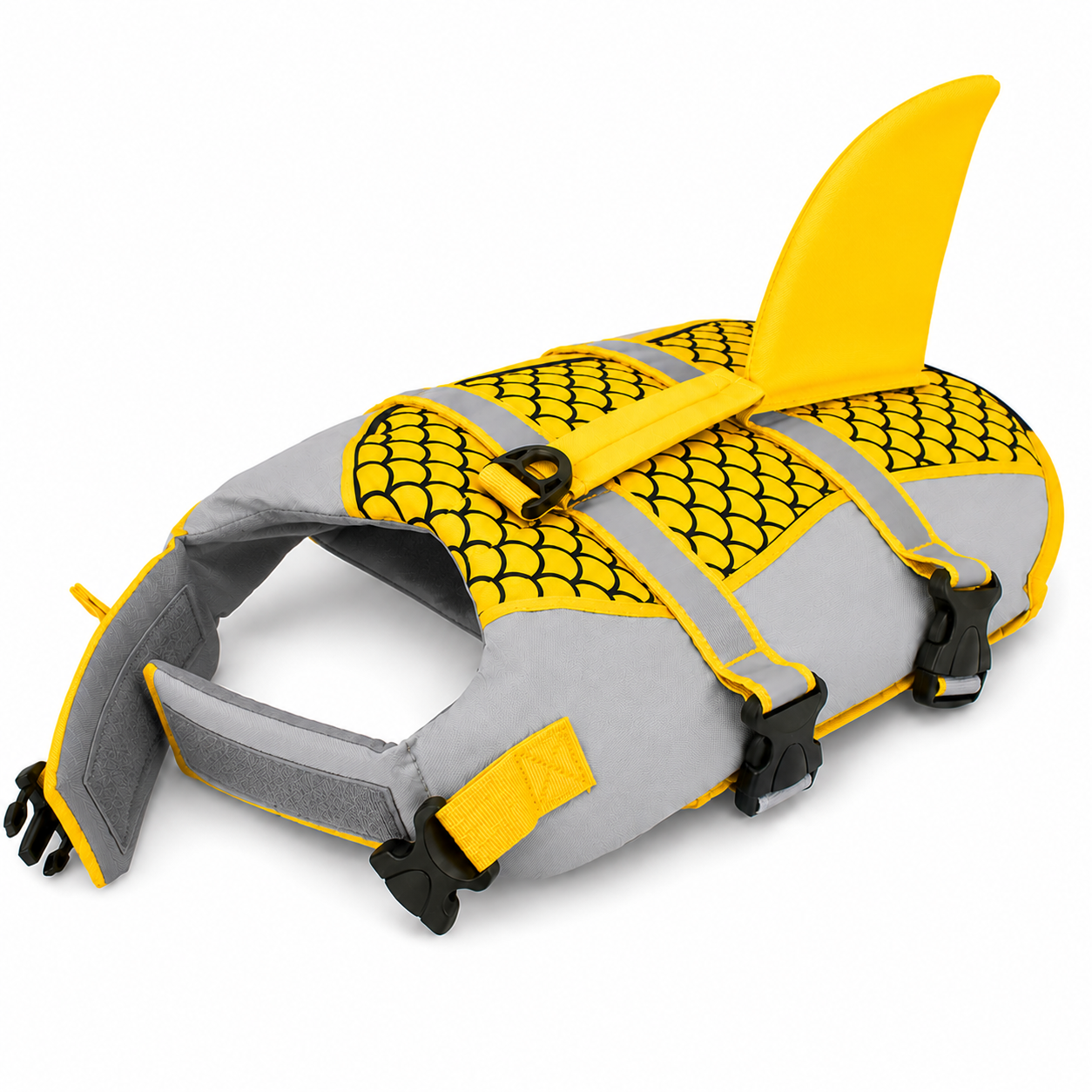 Dog wearing Pet Life Jacket Vest in shark swimwear design, available in XS to XXL sizes, by TrendyPet's Zone.