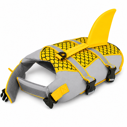 Dog wearing Pet Life Jacket Vest in shark swimwear design, available in XS to XXL sizes, by TrendyPet's Zone.