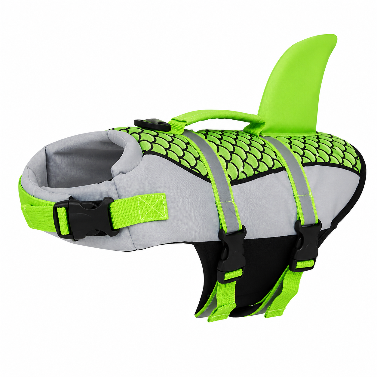 Dog wearing Pet Life Jacket Vest in shark swimwear design, available in XS to XXL sizes, by TrendyPet's Zone.