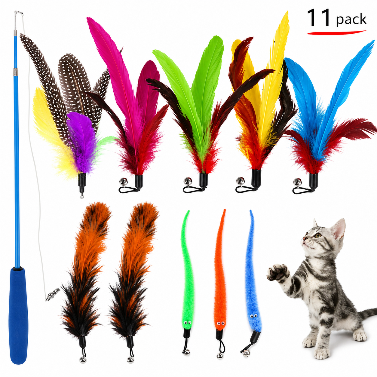 Eleven-piece replacement cat feather toy set with teaser wands, featuring colorful feathers for playful feline entertainment. TrendyPet's Zone