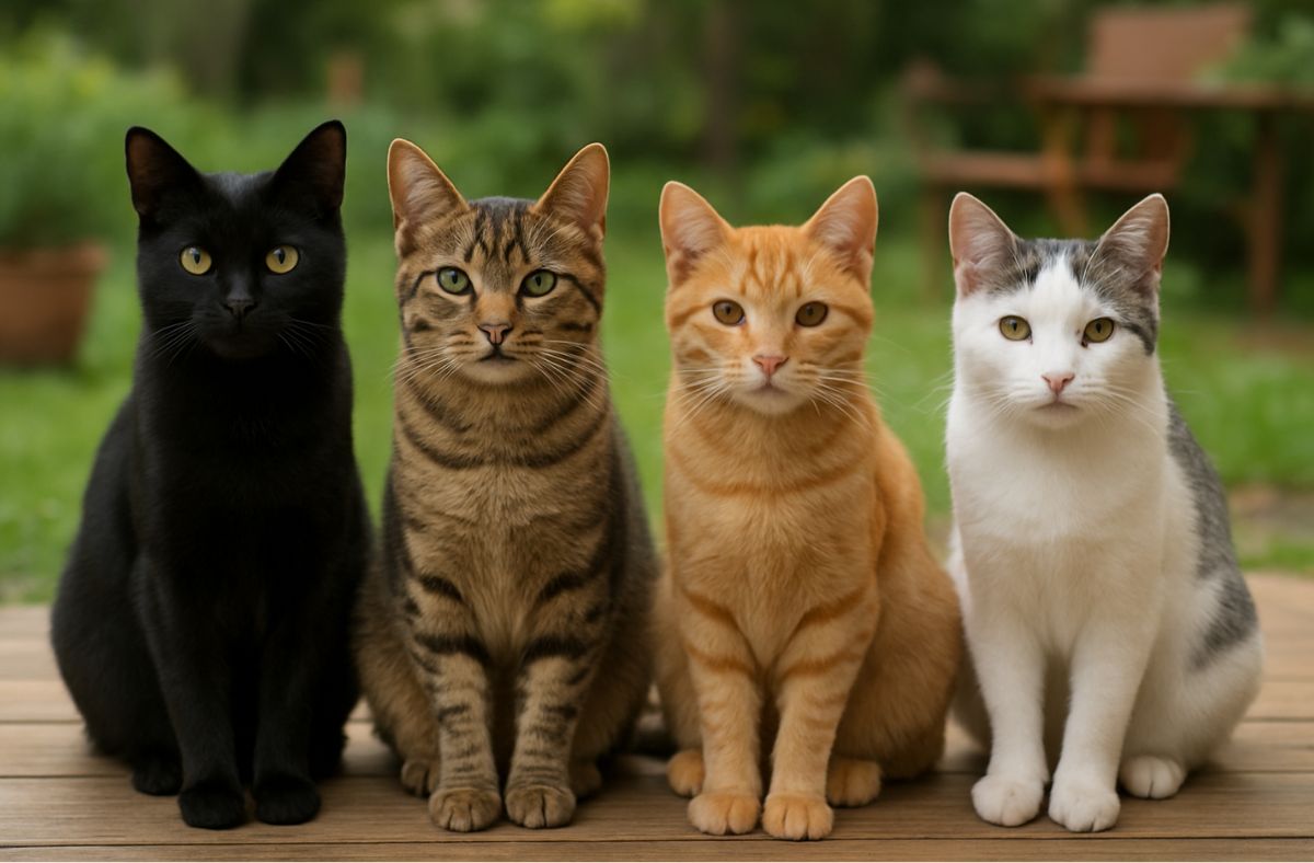 Four cats of different colors sitting on a wooden surface with a blurred natural background TrendyPet's Zone