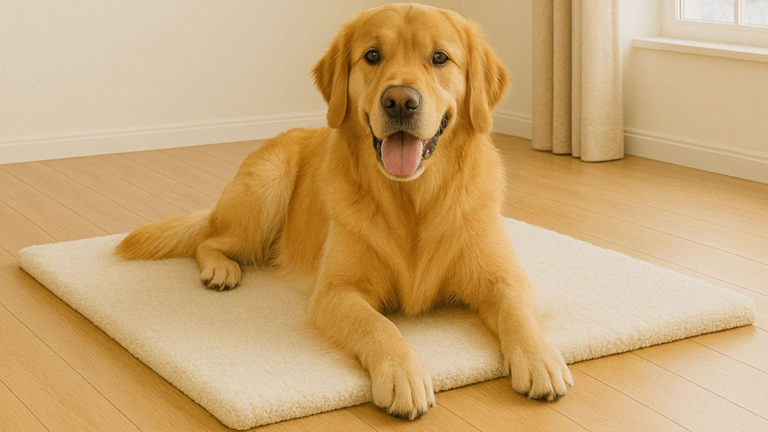 Golden retriever lying on a white mat in a room with wooden floor and white walls. TrendyPet's Zone