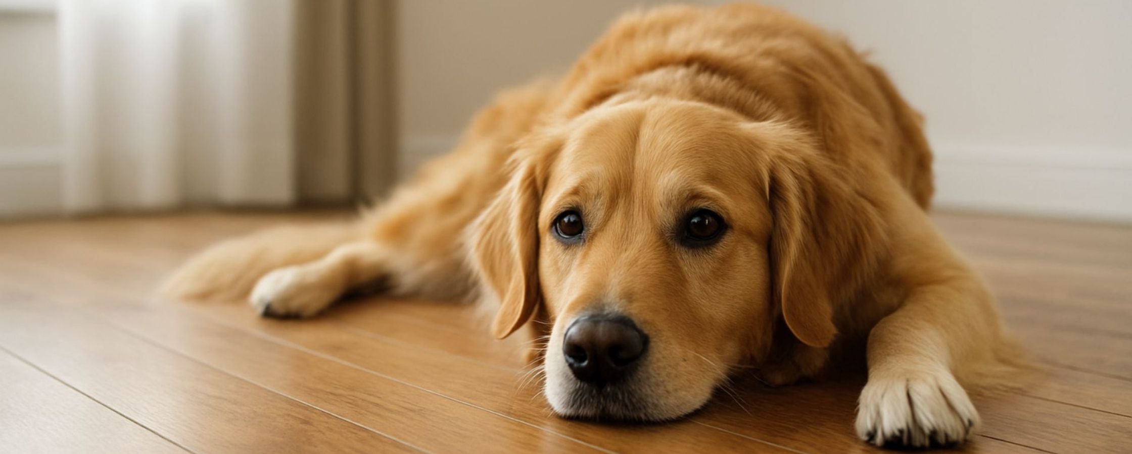Golden retriever lying on a wooden floor with a neutral background TrendyPet's Zone