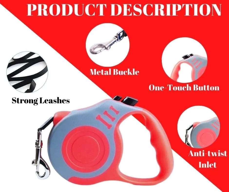 Gray Red Dog Leash 3m 5m Durable Leash Automatic Retractable Nylon Cat Lead Extension Puppy Walking Running Lead Roulette For Dog - TrendyPet's Zone