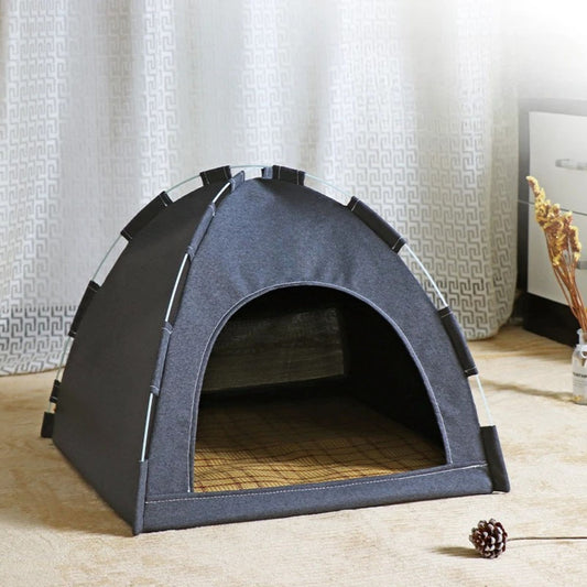Dark gray foldable cat house tent by TrendyPet's Zone, portable, breathable, suitable for four seasons, cozy pet shelter.