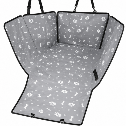 Gray waterproof dog car seat cover with safety belt, hammock style, for rear back seats, by TrendyPet's Zone.