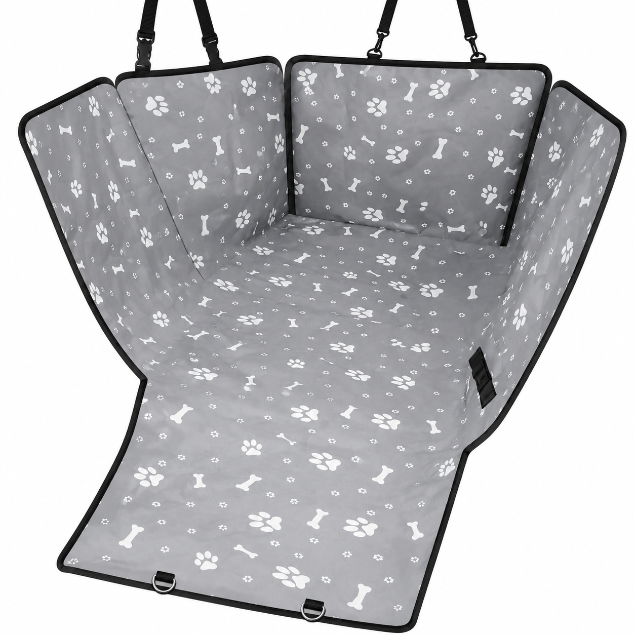 Gray waterproof dog car seat cover with safety belt, hammock style, for rear back seat protection by TrendyPet's Zone.