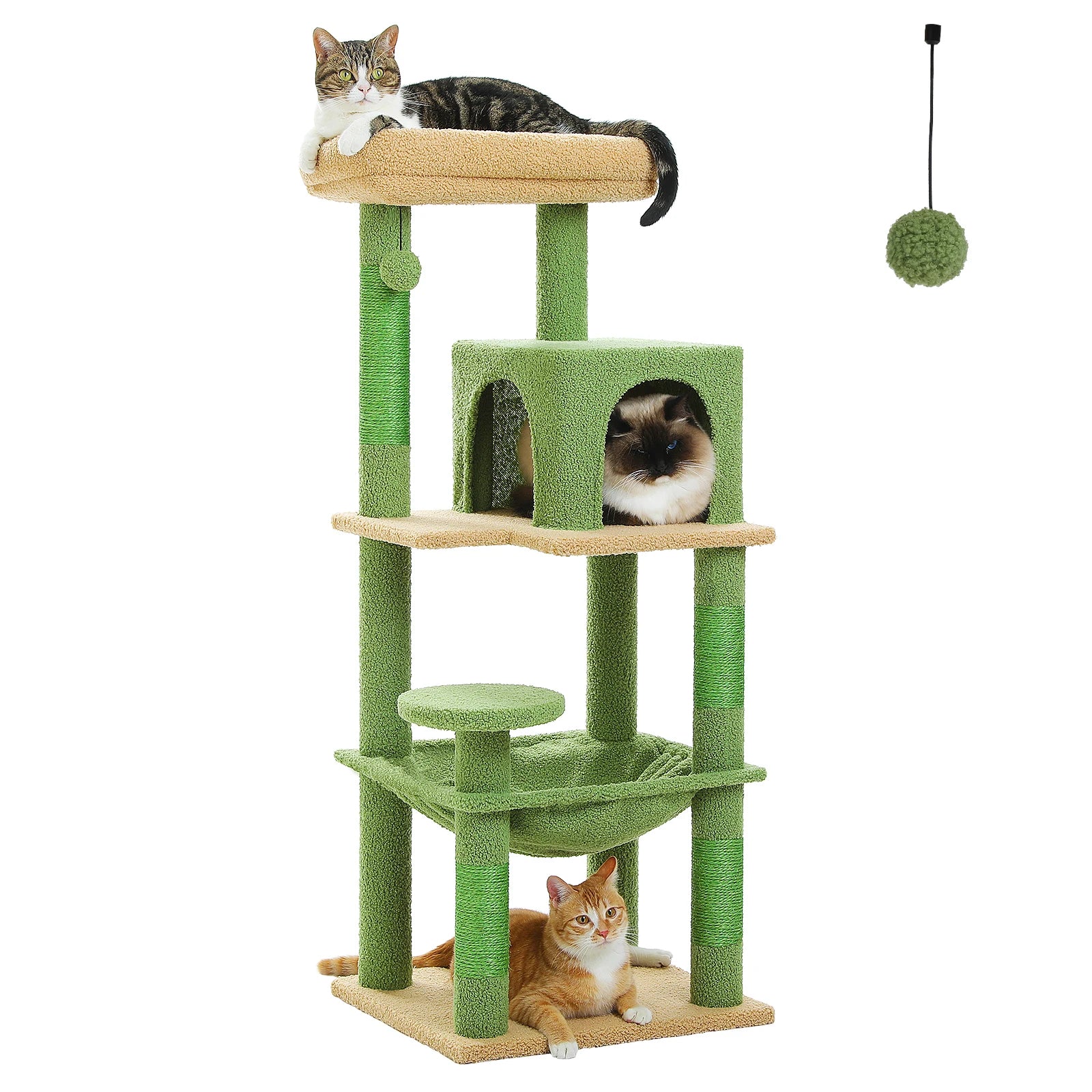 Green TrendyPet's Zone cat tree with plush platforms, sisal scratching posts, spacious hammock, and large condos for cats.