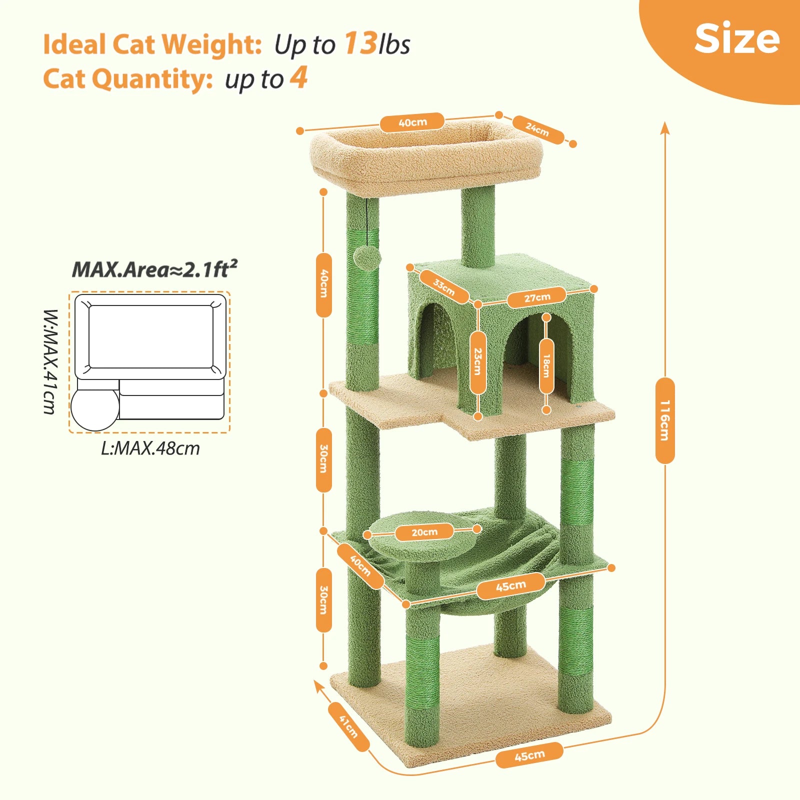 Green TrendyPet's Zone cat tree with plush platforms, sisal scratching posts, spacious hammock, and large condos for cats.
