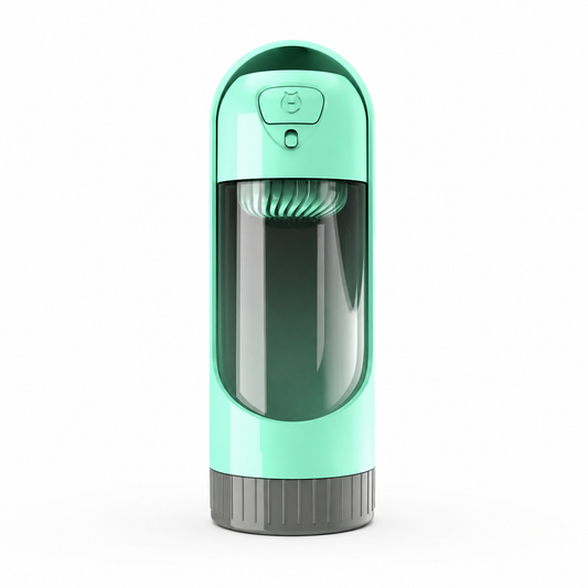 Green portable pet dog water bottle with built-in drinking bowl from TrendyPet's Zone, suitable for small and large dogs.