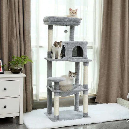 Grey Cat Tree Plush Cat Tower Multilevel Cat Play House with Sisal Scratching Posts, Spacious Hammock and Large Condos TRENDYPET'S ZONE