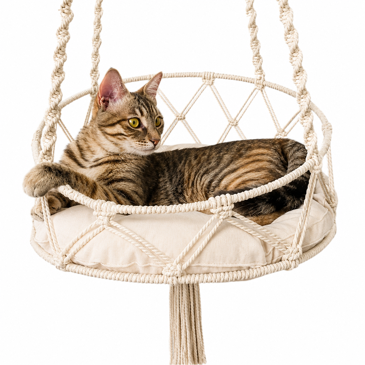 Handwoven cotton pet cat hammock swing bed by TrendyPet's Zone, with macrame design, suitable for indoor and outdoor wall hanging.