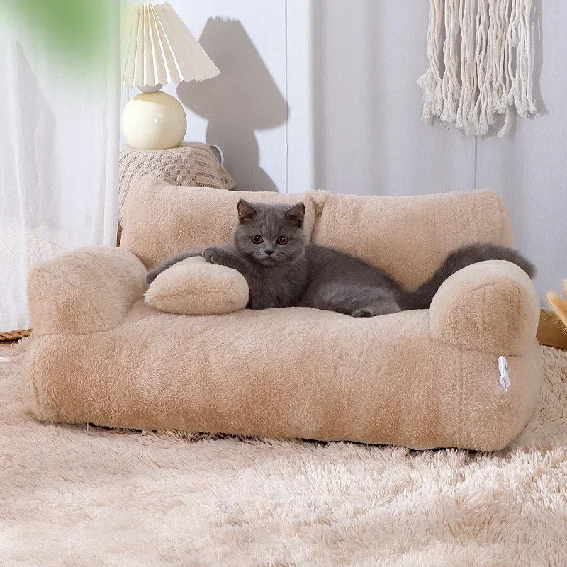 Khaki Luxury Cat Bed Couch Plush Winter Warm Pet Nest - TrendyPet's Zone
