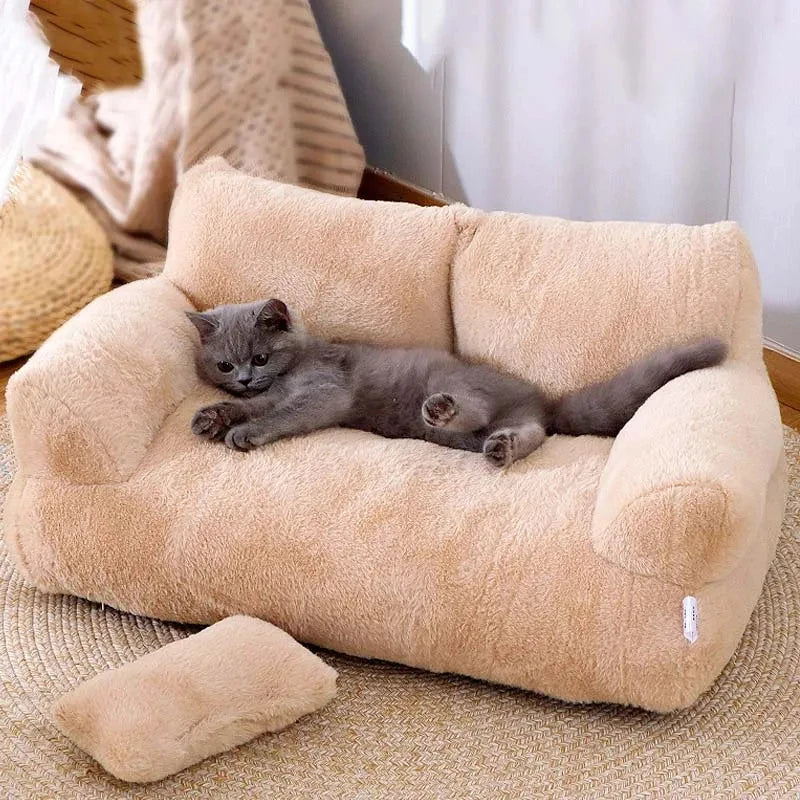 Khaki Luxury Cat Bed Couch Plush Winter Warm Pet Nest - TrendyPet's Zone