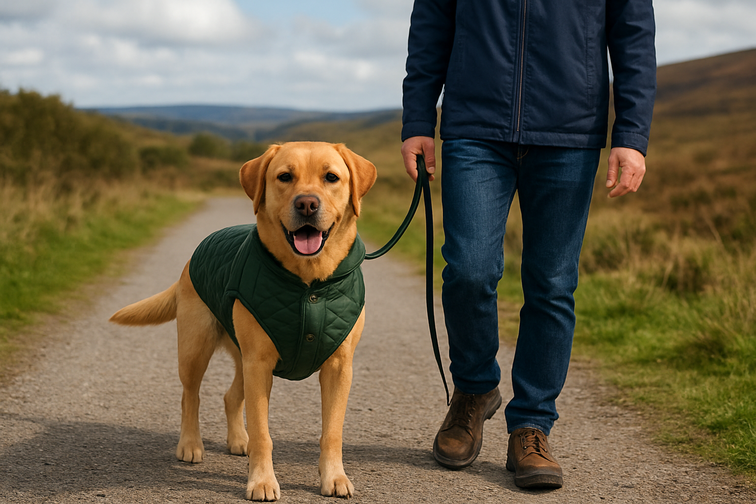 Man walking a dog on a path with a scenic background TrendyPet's Zone