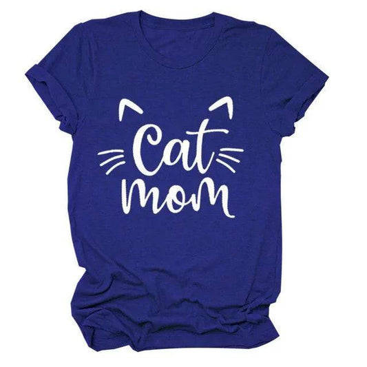 Navy blue women's T-shirt with "Cat Mom" vivid letter print, short sleeves, O-neck, loose fit, TrendyPet's Zone brand.