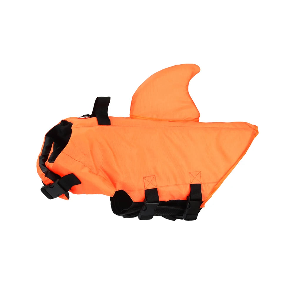 Orange Shark dog swim safety vest by TrendyPet's Zone, featuring a stylish life jacket design for all dog sizes and breeds.