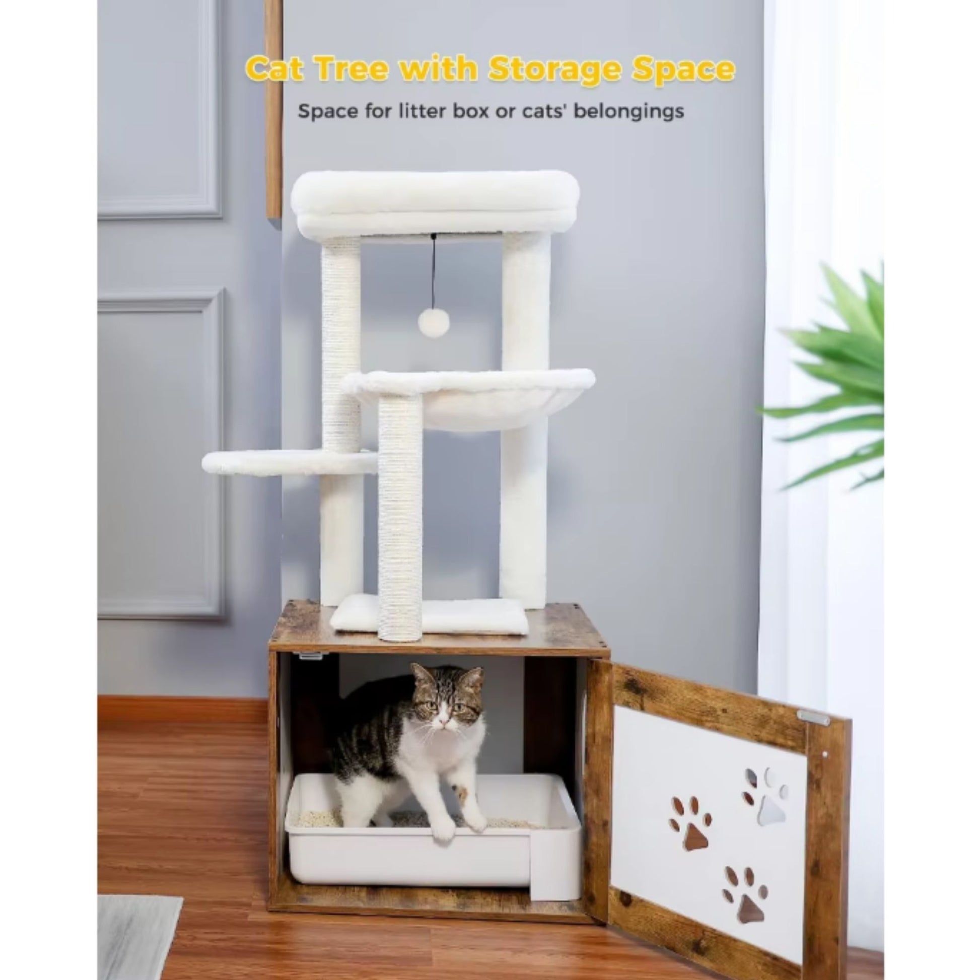46.1" Brown Modern Cat Tower Wood Large Hammock Litter Box Enclosure - TrendyPet's Zone