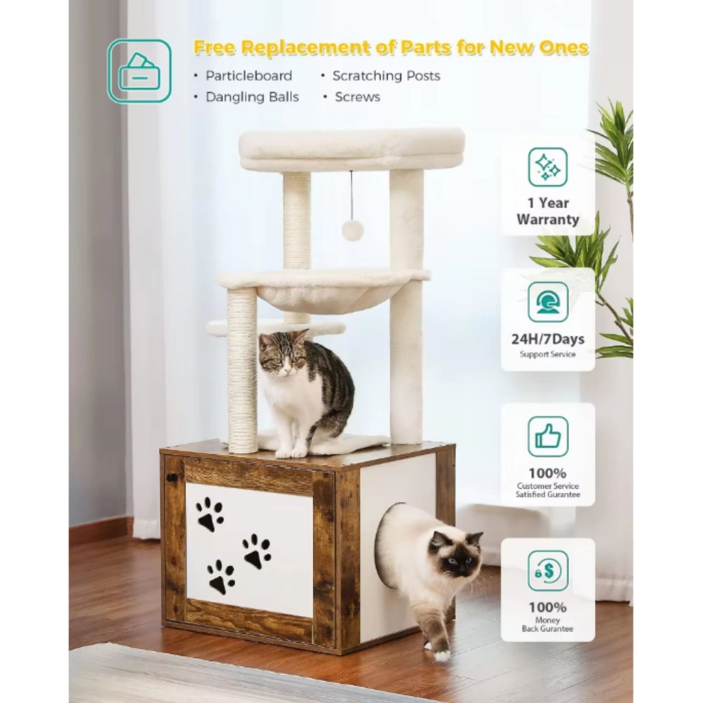46.1" Brown Modern Cat Tower Wood Large Hammock Litter Box Enclosure - TrendyPet's Zone