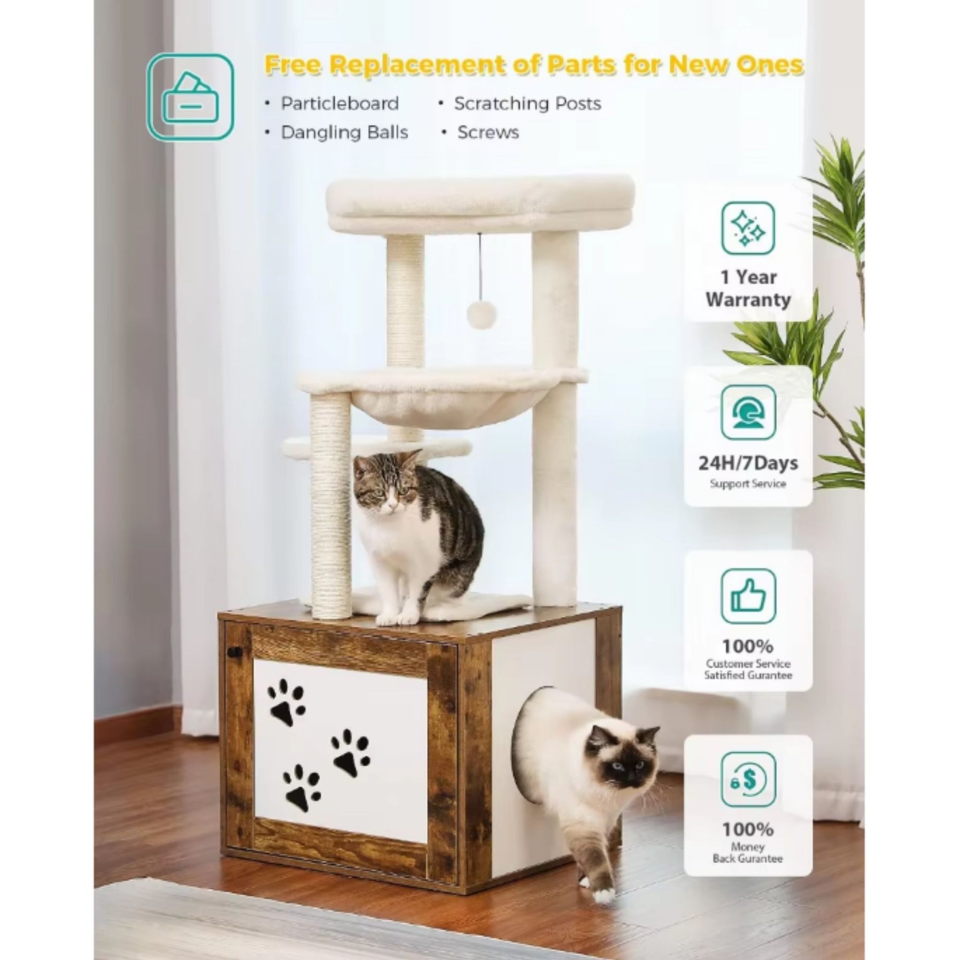 46.1" Brown Modern Cat Tower Wood Large Hammock Litter Box Enclosure - TrendyPet's Zone