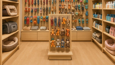 Pet store interior with shelves displaying pet products and toys. TrendyPet's Zone